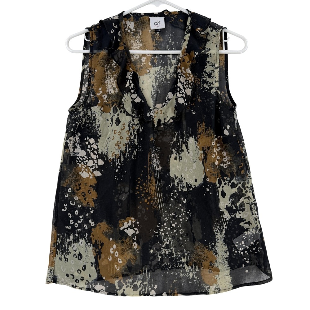 CAbi Blouse Womens XS Multicolor Animal Print V Neck Ruffle Sleeveless Top